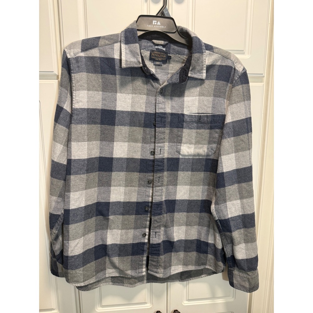 Pendleton Plaid Flannel Shirt Men's Size Large Button Up Long Sleeve Blue Gray